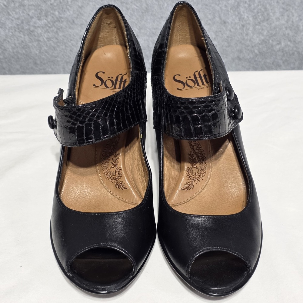 Söfft Women's Black Leather Croc Mary Jane Peep Toe Block Heel, US 7 - Picture 2 of 13